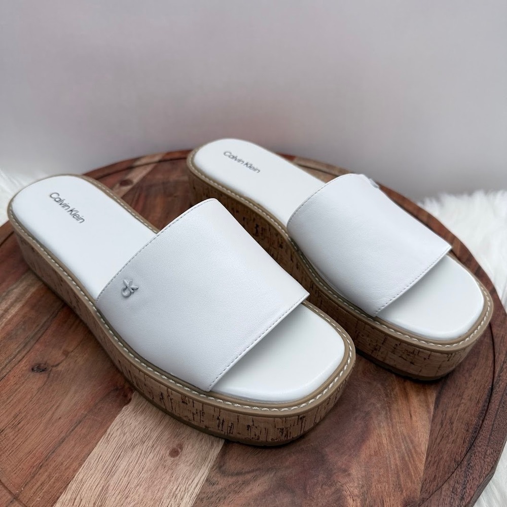 Calvin Klein White Arzelia Leather Cork Platform Slide Sandals Womens 9.5 M